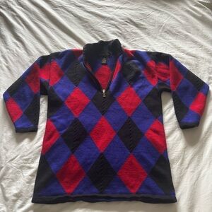 Classiques Entier Merino Wool Argyle Blue and Red Sweater Cropped Sleeves Size L